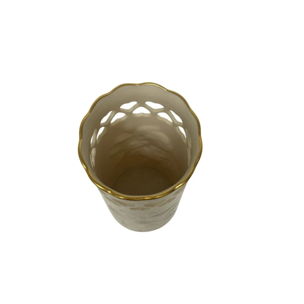 Lenox‎ China Heart Vase Embossed Rose 24K Gold Trim Ivory Pierced Bud Vase USA